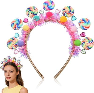 Kostuum Haarband met Regenboog Lollipop en Candy Hanger, Zoetigheden Accessoire voor Carnaval, Inclusief Oorbellen en Popcorn Thema