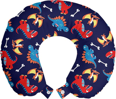 ABAKUHAUS Dinosaurus Reiskussen met Neksteun, Grappige Dino-uitdrukkingen, Schuimrubberen Reisartikel voor Vliegtuig en Auto, Marineblauw-Oranje Rood
