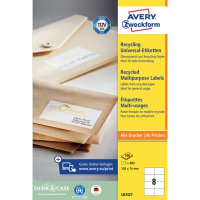 Etiket Avery LR3427-100 105x74mm recycled wit 800 stuks