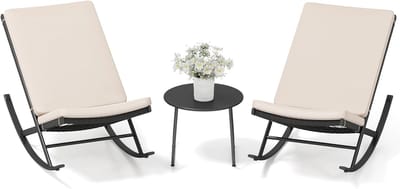KOMFOTTEU 3-delige bistroset, schommelstoelen voor buiten, van rotan met koffietafel, set voor veranda met kussens van katoen, voor tuin, balkon, zwembadrand