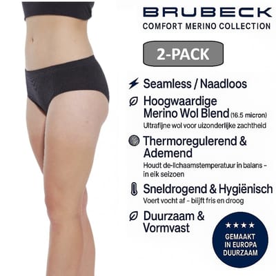 Brubeck Dames Slip Klassiek – Merino Wol Blend Naadloos Ondergoed – 2 PACK - Zwart – Maat S