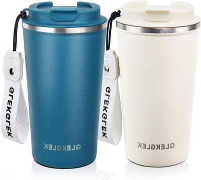 Duurzame RVS Reismok 510ml met Deksel en Handvat - Set van 2 (Blauw en Crème) voor Koffie en Thee