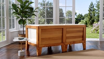 Massief Acaciahouten Modulaire 2-Zits Lounge Hoekbank Tuinset met Crèmewitte Kussens – Modern Design, Weerbestendige Tuinbank voor Buiten, Zitgroep en Loungeset UrbanHome