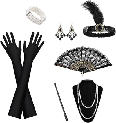 1920s Kostuum voor Dames met Accessoires Set - Flapper Hoofdband, Handschoenen, Parelketting en Oorbellen voor Carnaval en Feestjes