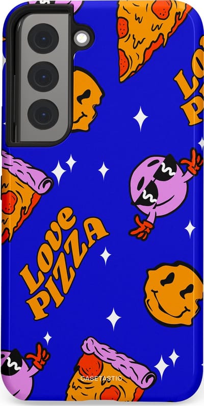 Casetastic hoesje geschikt voor Samsung Galaxy S22 - Dubbellaagse bescherming - Funky Pizza - Fashion Case - Paars Okergeel Donkerblauw Bruin