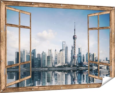 Gards Tuinposter Doorkijk Shanghai Skyline in China - 180x120 cm - Tuindoek - Tuindecoratie - Wanddecoratie buiten - Tuinschilderij
