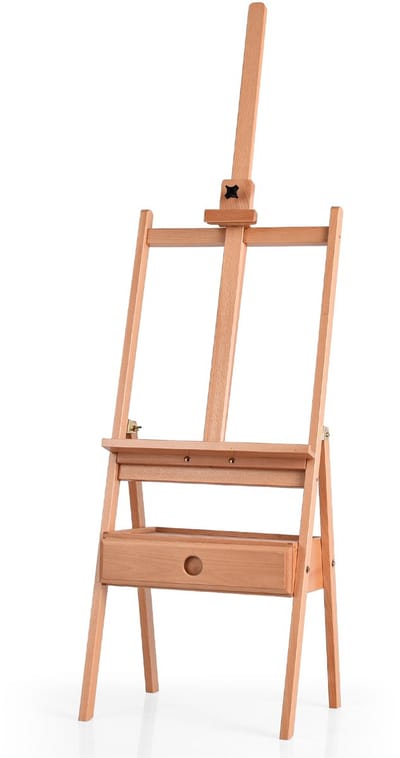 COSTWAY Ezel met plank en lade, schildersezel van beukenhout, verstelbare schildersezel voor schildersdoeken tot 92 cm, vloerezel