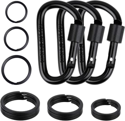 Karabijnhaak Sleutelhanger Clips - D Ring Haken - Waterflessen Bevestigen - Met Borging - 3 x 1 3/4 inch - Zwart