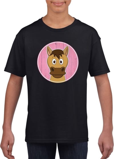 Kinder t-shirt zwart met vrolijke paard print - paarden shirt - kinderkleding / kleding 110/116