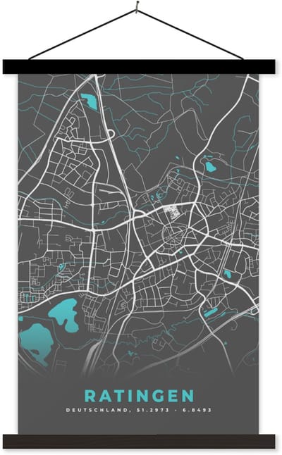 Posterhanger incl. Poster 60x90 cm - Schoolplaat - Blauw – Duitsland – Plattegrond – Stadskaart – Kaart – Ratingen - Textielposter - Zwarte latten - Stadskaart