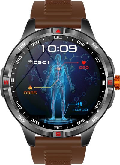 Knobbout 1.46” Scherm Sport Smartwatch met Extra Lange Batterijduur – 1000mAh - LED-zaklamp & kompas - AI Spraakassistent - Bluetooth Bellen - 100+ Sportmodi, IP68 Waterdicht -Bruin Silicone