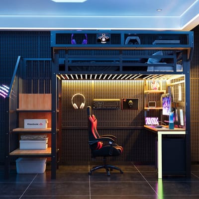 VVBV Metalen Hoogslaper 90x200 cm met LED-Verlichting, Bureau - Planken, Veiligheidstrap, Uitvalbeveiliging - Metaal Zwart
