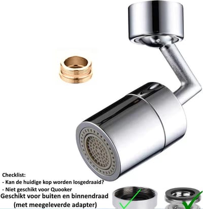 Roterende Flexibele Kraankop - aansluiting voor kranen met een M24 binnendraad (met adapter) & M22 buitendraad (zie productfoto) - 720 Graden - RVS - Krachtige Kraan kop - Opzetstuk - Zwenkbaar - Chrome - Metaal - Kan niet helemaal recht naar onderen