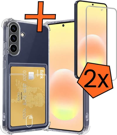 Hoes - Geschikt voor Samsung Galaxy A57 - Met 2x Screenprotector - Pashouder - Kaarthouder - Telefoon Hoesje Shockproof - Siliconen Case - Back Cover - Shock Proof - Pasjes Houder - Transparant