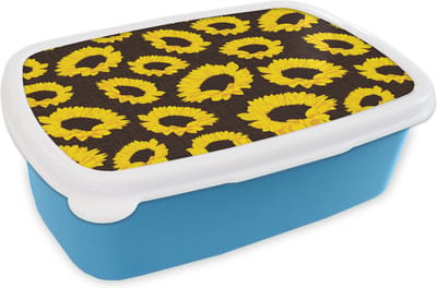 Broodtrommel Blauw - Lunchbox - Brooddoos - Patronen - Zonnebloemen - Geel - 18x12x6 cm - Kinderen - Jongen