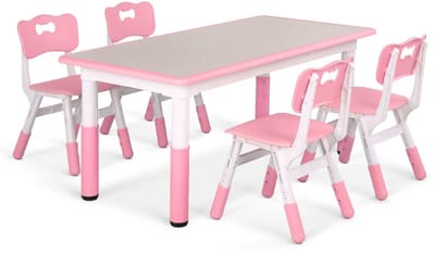 Kindertafel Tavien en 4-stoelenset - In hoogte verstelbare tafelset voor peuters met meerdere activiteit - Studie, schrijven en spelen voor kinderen - Roze - 120x60cm
