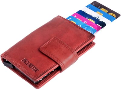 Figuretta Compacte Dames Portemonnee met Aluminium Creditcardhouder – RFID Bescherming – Inclusief Muntvak en Biljetvak – Echt Vintage Leer – Rood