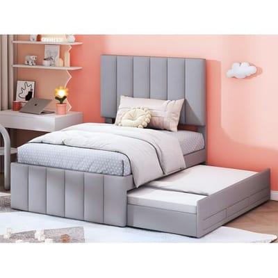 ModernLuxe Gestoffeerd linnen bed 90x200cm - met onderschuifbed op wielen en 3 lades - Grijs