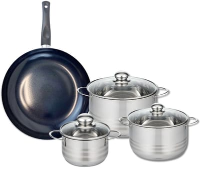 Set van 1 Koekenpan 32 cm en 3 kookpotten 16, 20 en 24 cm Elo Prima Glanzend
