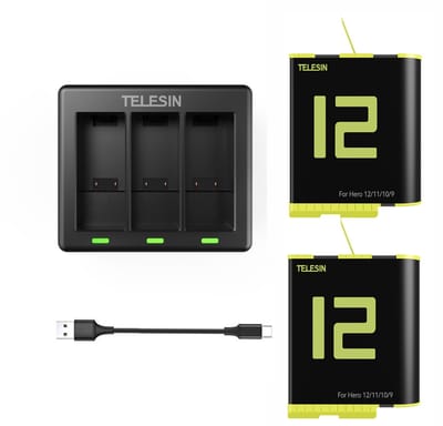 Telesin Triple Batterij Oplader met 2 batterijen voor GoPro 9 / 10 / 11 / 12 - GoPro batterijen met oplader - Met LED-indicatie - Binnen 2 uur opgeladen