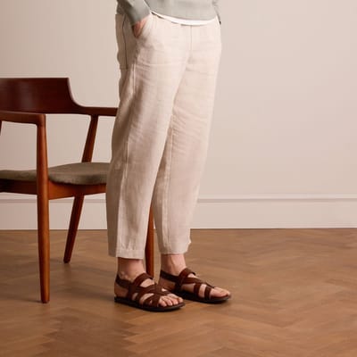 Manfield - Heren - Leren gevlochten cognac slippers - Maat 41