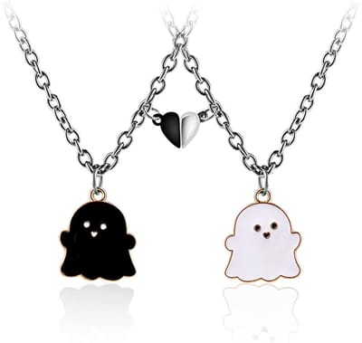Bixorp Friends Halloween BFF Ketting voor 2 met Spookjes & Magnetisch Hartje - Zwart/Wit - Zilverkleurig - "Best Friends" - Vriendschapsketting