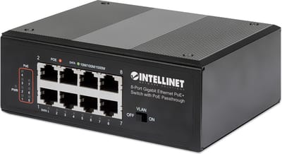 Intellinet – Industriële PoE+ netwerk switch – 8‑poorts Gigabit – PoE Passthrough – DIN‑rail montage
