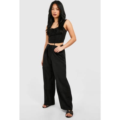 boohoo Dames Petite Linnen-look Broek met Trekkoord | Zwart | Maat: 44