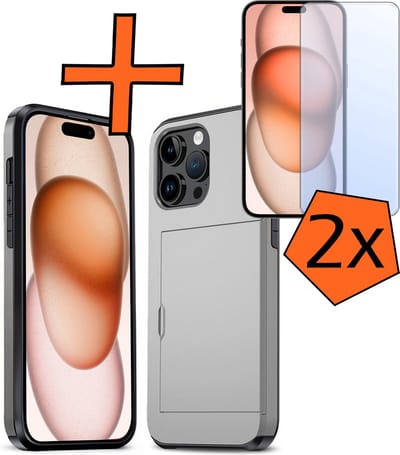 Hoesje Geschikt voor iPhone 15 Pro Hoesje Pasjeshouder Shockproof Hard Case Met 2x Screenprotector - Hoesje Geschikt voor iPhone 15 Pro Hoes Met Kaarthouder - Grijs
