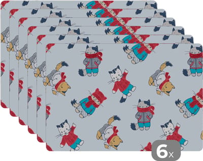 Placemat - Placemats kunststof - Winter - Kat - Dieren - Patroon - 45x30 cm - 6 stuks - Hittebestendig - Anti-Slip - Onderlegger - Afneembaar