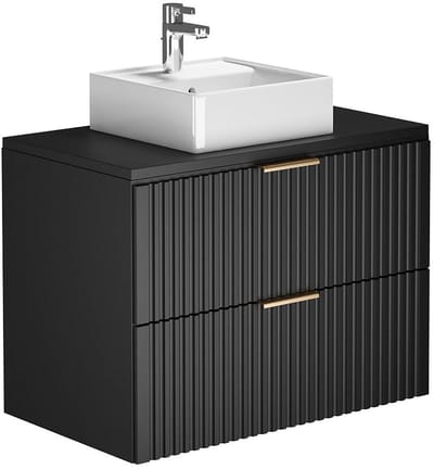 Vente-unique Geribbeld hangmeubel voor badkamer met opzetwastafel - Zwart - 80 cm - ZEVARA