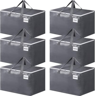 Grote Verhuisdozen - Opbergzakken Bakken - Spullen Opslaan - Met Handvatten Ritsen - 125L 6 Stuks - Grijs
