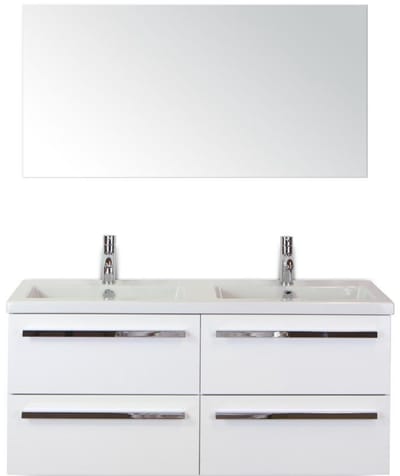 Seville Badmeubelset 120 cm - 4 Laden Wit Hoogglans - Wastafel Djazz Dubbel met Spiegel