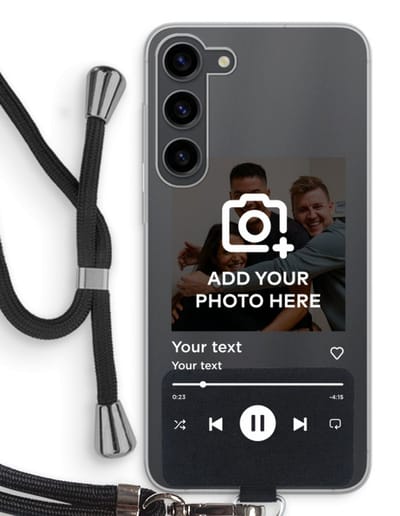 Gepersonaliseerd - Case Company® - Hoesje met koord geschikt voor Samsung Galaxy S23 Plus hoesje met Koord - Music Player - Telefoonhoesje met Zwart Koord - Bescherming aan alle Kanten en Over de Schermrand