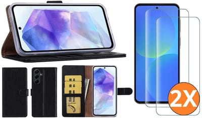 Hoesje geschikt voor Samsung Galaxy A37 5G hoesje Zwart pasjeshouder telefoon hoes - Met screenprotector tempered glass voor Galaxy A37 5G - 2x