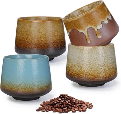 Set van 4 Retro Stoneware Espresso Kopjes van 200ml - Handgemaakte Porseleinen Koffiekopjes voor Espresso, Mocha en Macchiato - Dikke Wand en Uniek Design