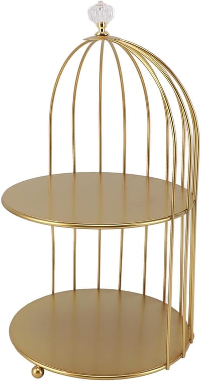 Ruimtebesparende Cosmetica Organizer voor Badkamer en Toilet, Gouden IJzeren Dubbele Laag Opbergrek in Vogelkooi Stijl met Decoratieve Functionaliteit