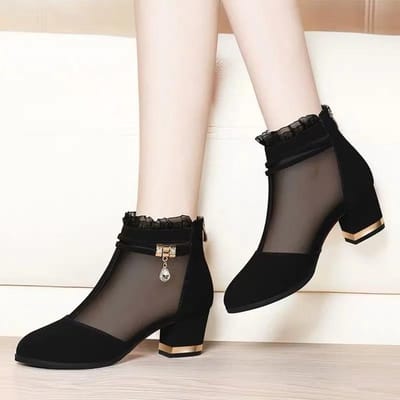 Mesh Dames Schoenen Hoge Hakken Dikke Hak Korte Schacht Dames Laarzen Zwart Enkele Schoenen 38 gray