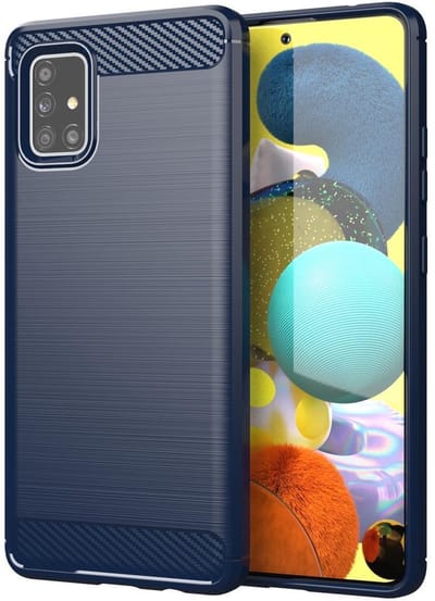 Cadorabo Hoesje geschikt voor Samsung Galaxy A51 5G in BRUSHED BLAUW - Beschermhoes van flexibel TPU siliconen in roestvrij staal-carbonvezel look Case Cover