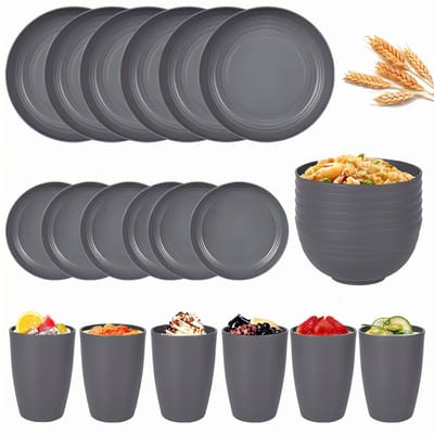 Serviesset Kampeerservies voor 6 Personen (Gezin & Outdoor) – Koken & Tafelen – Met 24 Delen Compleet (Borden, Kommen, Bekers) – Onbreekbaar, Magnetronbestendig & Lichtgewicht - Tarwestro/BPA-Vrij - Donkergrijs - 24-delig
