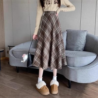 Geruit Retro Wollen Rok voor Dames in Herfst en Winter Nieuwe Midi-lengte Rok met Wijde Zoom voor Dames A-lijn Rok XL gray