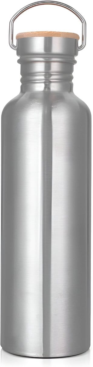Famanu - Drinkfles van roestvrij staal, 1 liter, niet geïsoleerd, eenwandig, BPA-vrij, lekvrij, metalen waterfles, outdoor drinkfles voor bruisen, sport, school, fitness