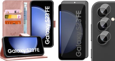 Hoesje geschikt voor Samsung Galaxy S23 FE - Privacy Screenprotector Volledig Dekkend Glas & Camera - Portemonnee Book Case Rosegoud