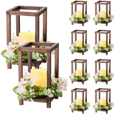VEVOR set van 10 houten lantaarns voor bruiloften, inclusief 10 houten lantaarnkaarshouders, 10 vlamloze LED-kaarsen en 10 champagnekleurige bloemenkransen voor bruiloftstafels, feesten en boerderijdecoraties, bruin.
