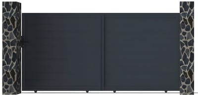 Vente-unique Schuifpoort van antraciet opengewerkt aluminium - L374 x 180 cm - NAZARIO