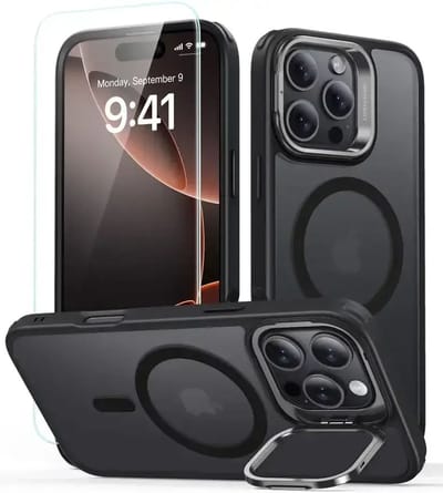 ESR Classic Hybrid HaloLock Hoesje Geschikt voor Apple iPhone 16 Pro Max - Met Screenprotector - Compatibel met MagSafe - Back Cover met Standaard - Camera Kickstand - Gehard Glas - Frosted Zwart