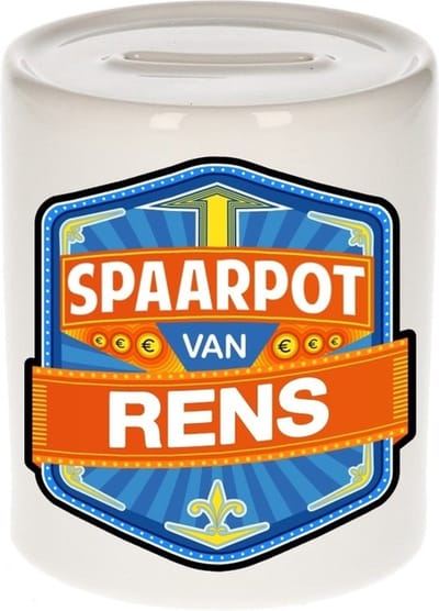 Bellatio Decorations Kinder spaarpot met naam - Rens - keramiek - met dop - wit - Sparen - Spaargeld van Rens
