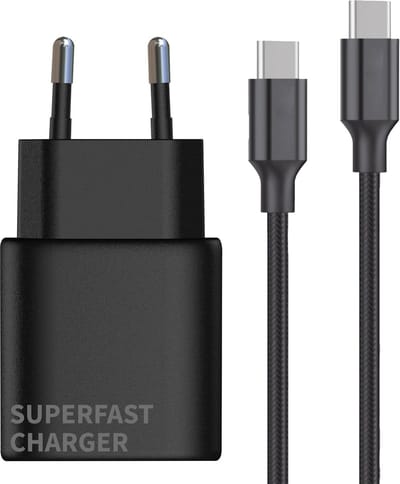 USB C Adapter - Snellader Geschikt voor Samsung Telefoon en Tablet - USB C naar USB C - Nylon Gevlochten - 1 Meter - Oplaadkabel - 20W Vermogen - Incl. USB C Kabel - Stekkerblok - Zwart