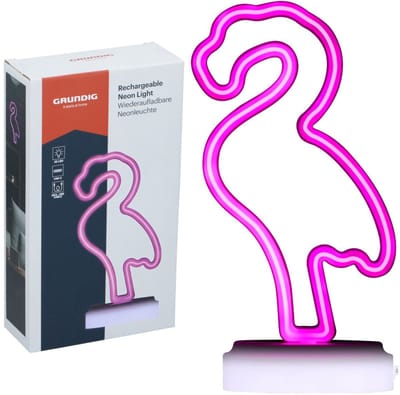 Grundig Tafellamp Flamingo Neon Lamp - Oplaadbaar met 42 LED - Bureaulamp Led USB-C - Sfeerlamp Roze Draadloos voor Slaapkamer n Bureaue