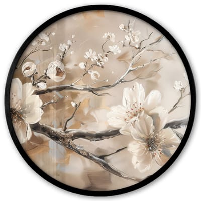 Poster in lijst Rond - Fotolijst 40x40 cm - Posters - Bloemen - Natuur - Wit - Bloesem - Abstract - Ronde posterlijst zwart - Decoratie - Wanddecoratie woonkamer - Muurdecoratie slaapkamer